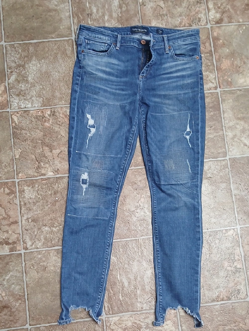 Lucky Brand AVA Skinny Rugged Aesthetic Patching Stitching Ripped Ankle Jeans